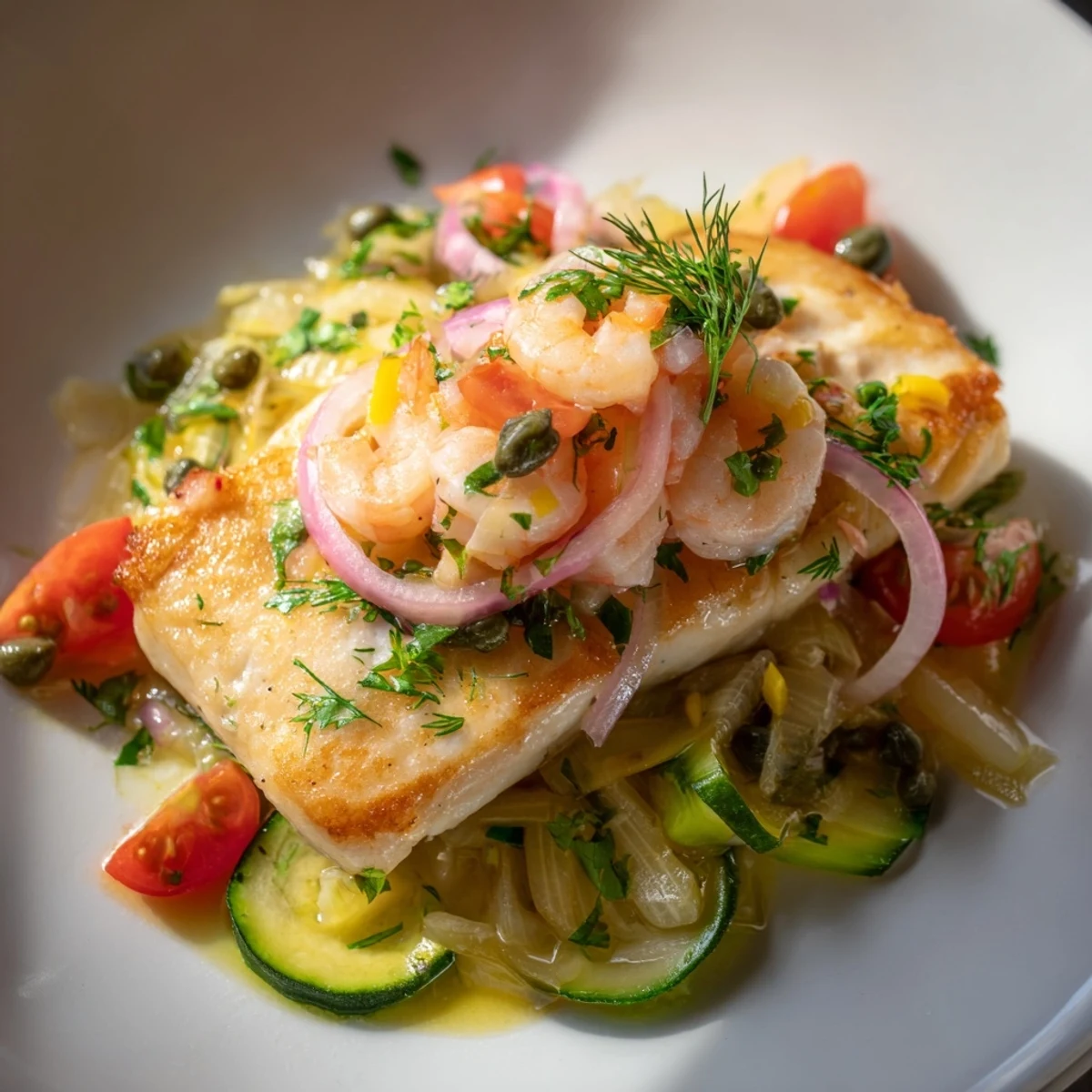 Vibrant Plongeons dans lOcéan Poisson Bleu showcasing flaky blue fish with succulent shrimp and roasted vegetables.