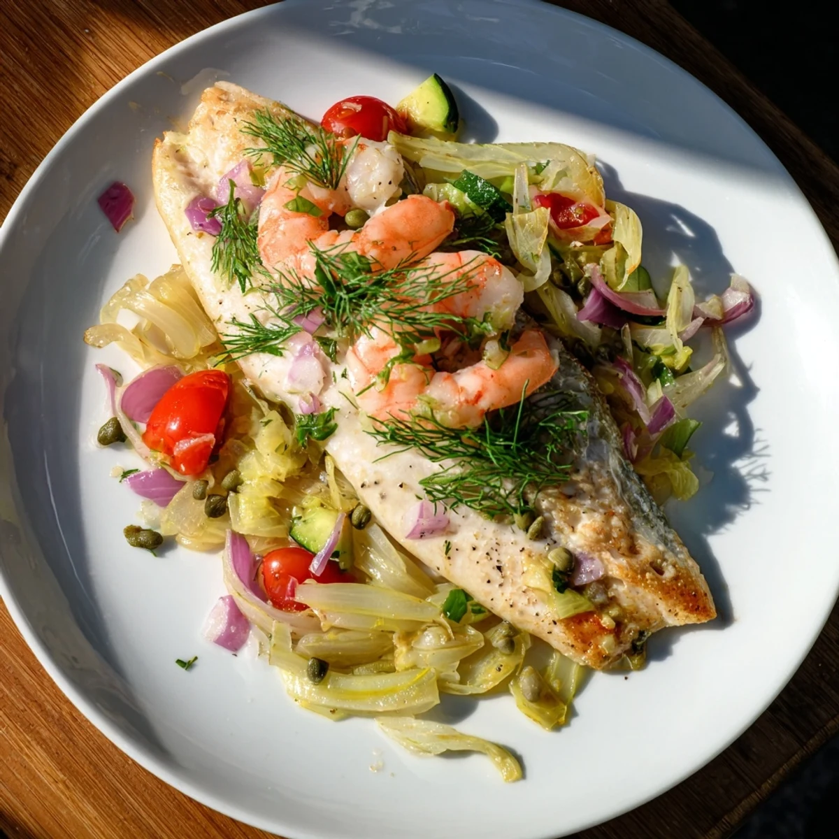Close-up of baked Plongeons dans lOcéan Poisson Bleu, highlighting juicy tomatoes, shrimp, and the flaky texture of blue fish.