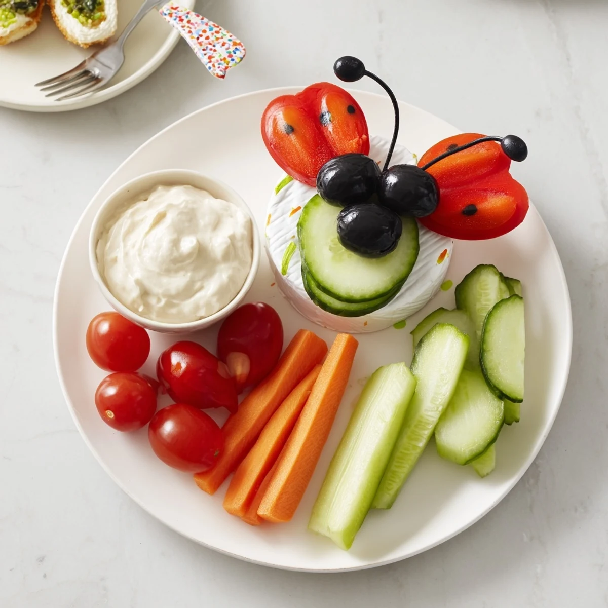 Delightful Coccinelle Amusante Planche Pique-Nique presentation: creamy cheese alongside fresh vegetables, ready to enjoy at your next picnic.