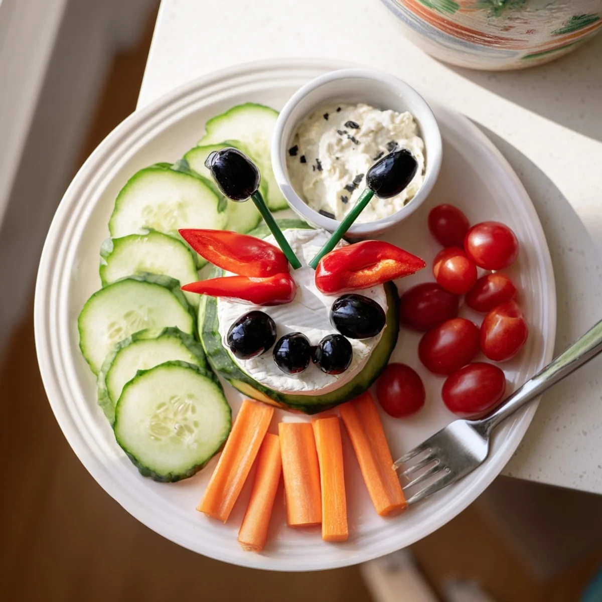 Enjoy a whimsical Coccinelle Amusante Planche Pique-Nique, with ladybug wings of bell pepper and fresh bread ready for dipping.