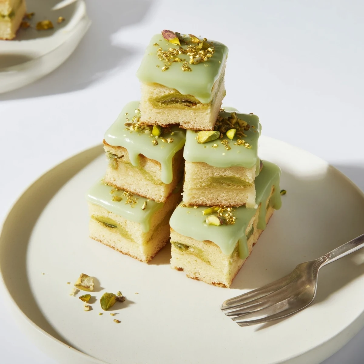 Delicate Grenouille Royale Petits Fours: bite-sized treats boasting pistachio cream and citrus glaze, visually appealing.