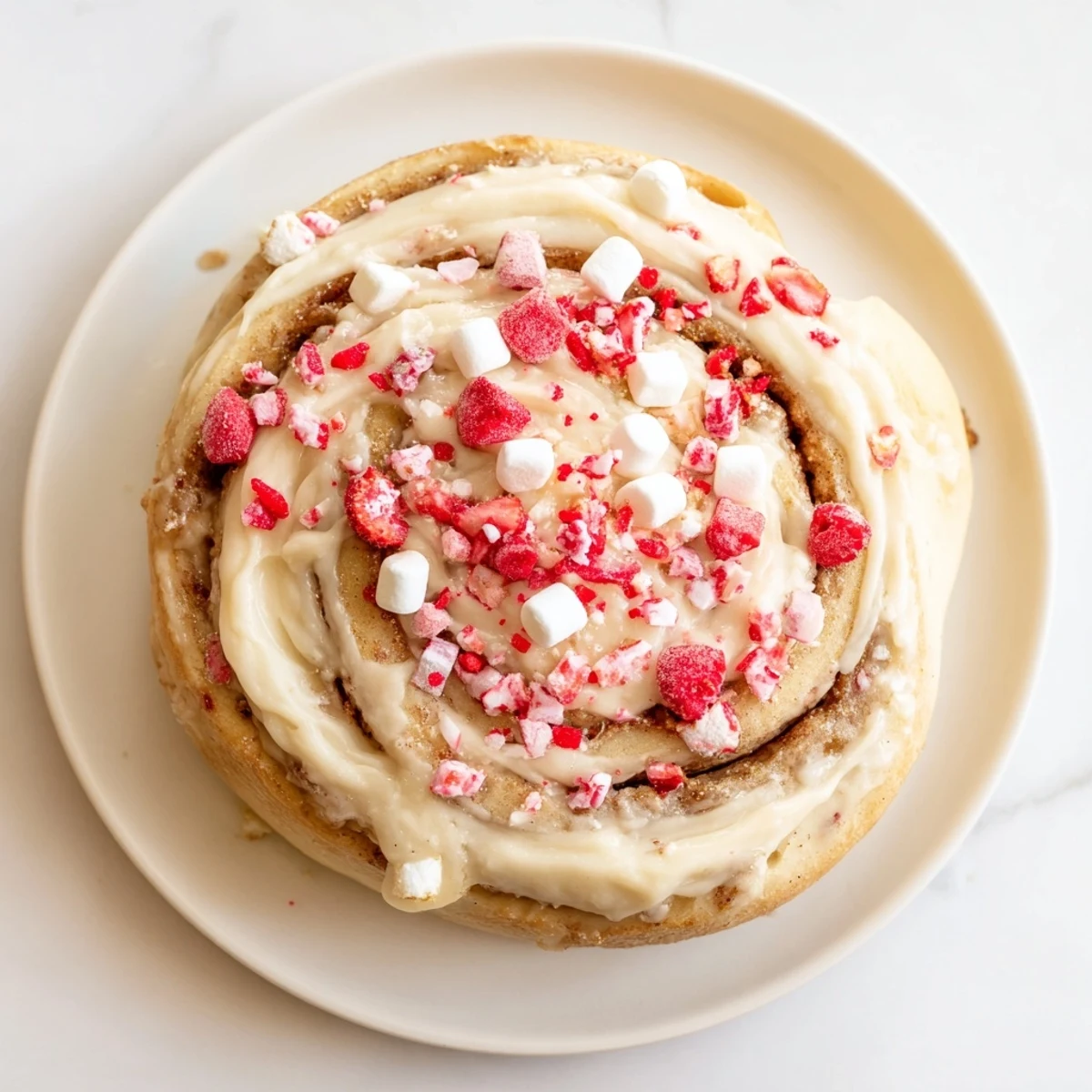 Warm, frosted North Pole Cinnamon Roll Board, a festive breakfast display with colorful garnishes.