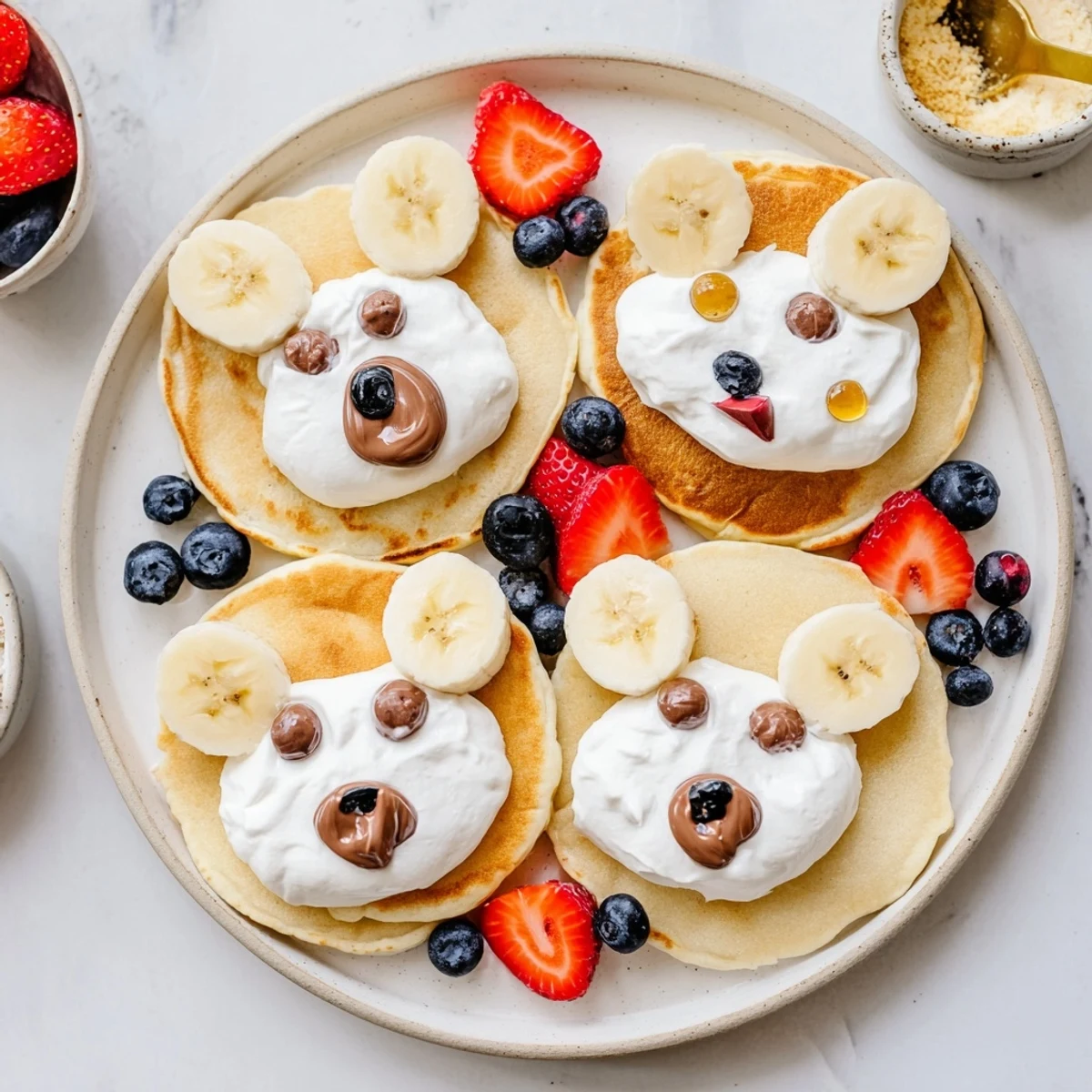 Fluffy Polar Bear Pancake Stack Board with fresh berries and rich hazelnut spread, ready to serve.
