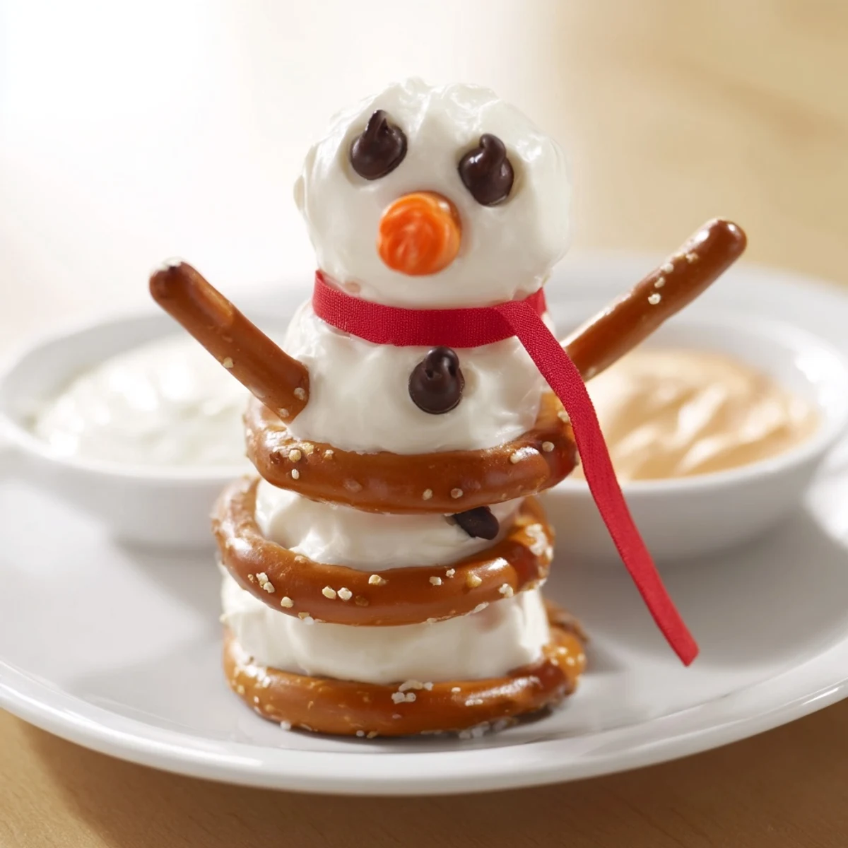 Savory snowman pretzel and dip platter features adorable pretzel figures and flavorful homemade dips.