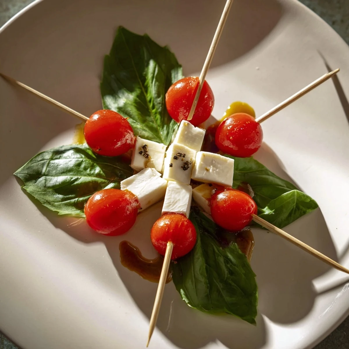 Fresh Caprese skewers arranged on a platter, featuring star-shaped mozzarella and vibrant basil.