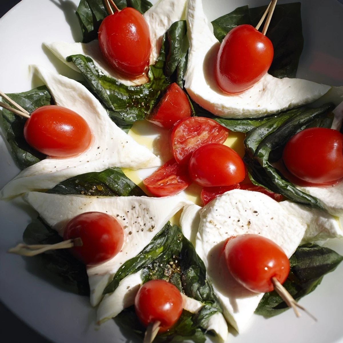 These festive Caprese skewers showcase star-shaped mozzarella, perfect for your next appetizer with basil.