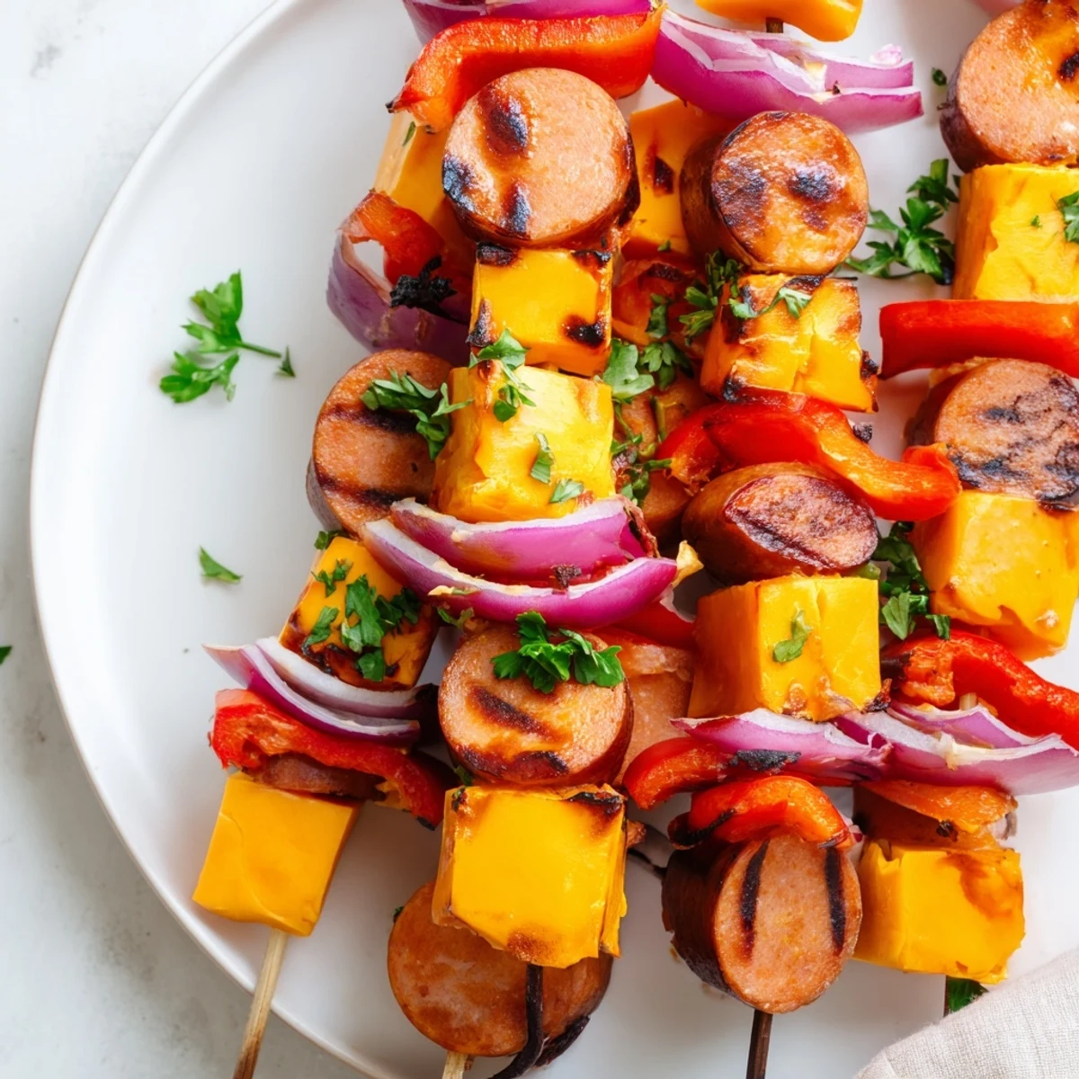 Savory Skewers: Chimney Stack Sausage and Cheese, grilled to perfection, with bubbly cheese and charred vegetables.