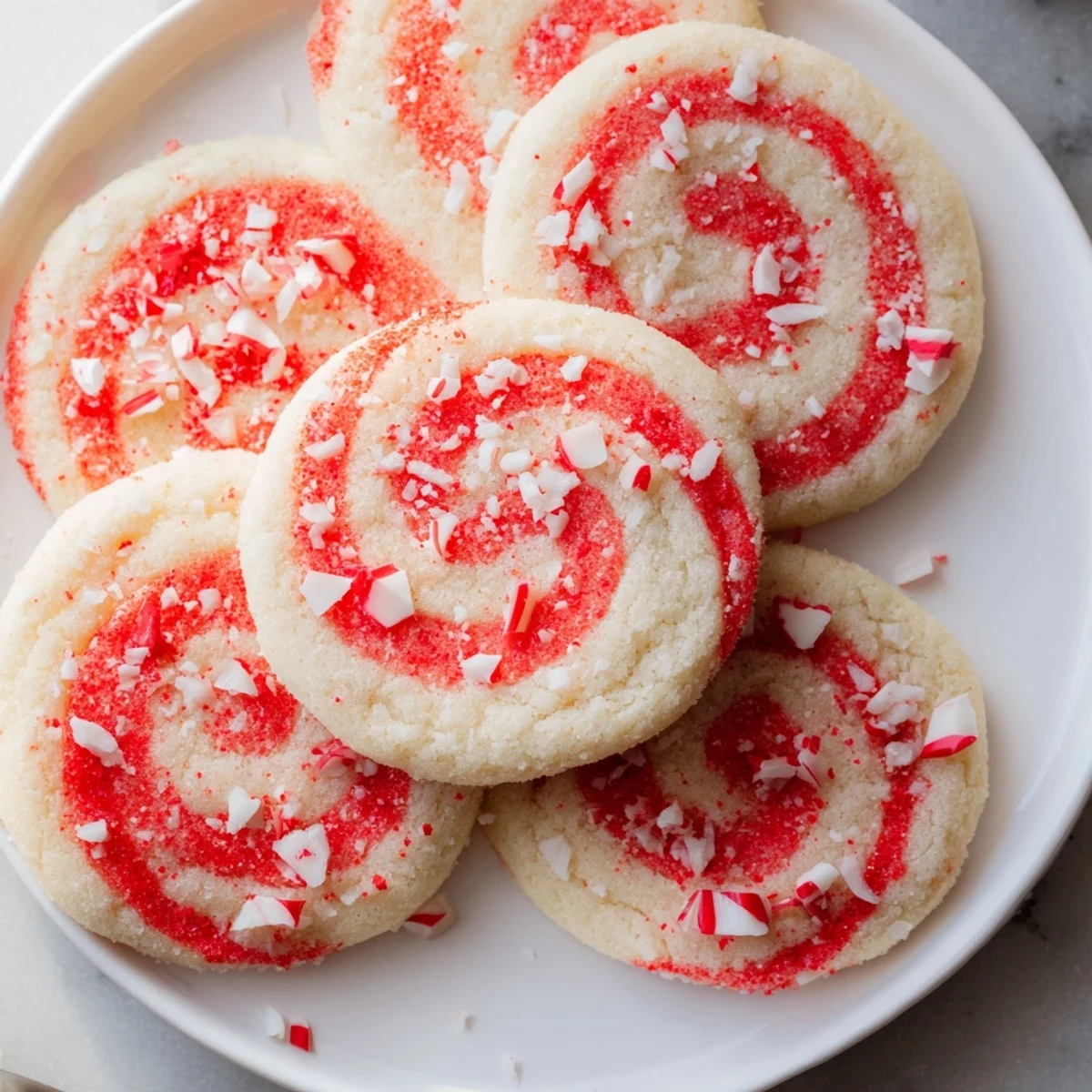 Freshly baked Candy Cane Swirl Cookies, showing off the festive red peppermint pattern, so delicious!