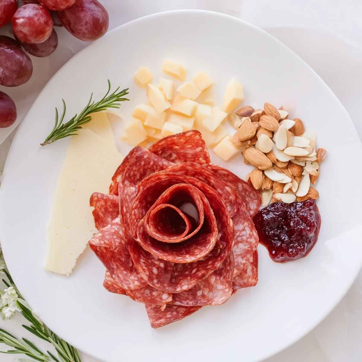 Delicious Easy Charcuterie: Salami Rose board with creamy cheeses, fresh fruit and savory salami.