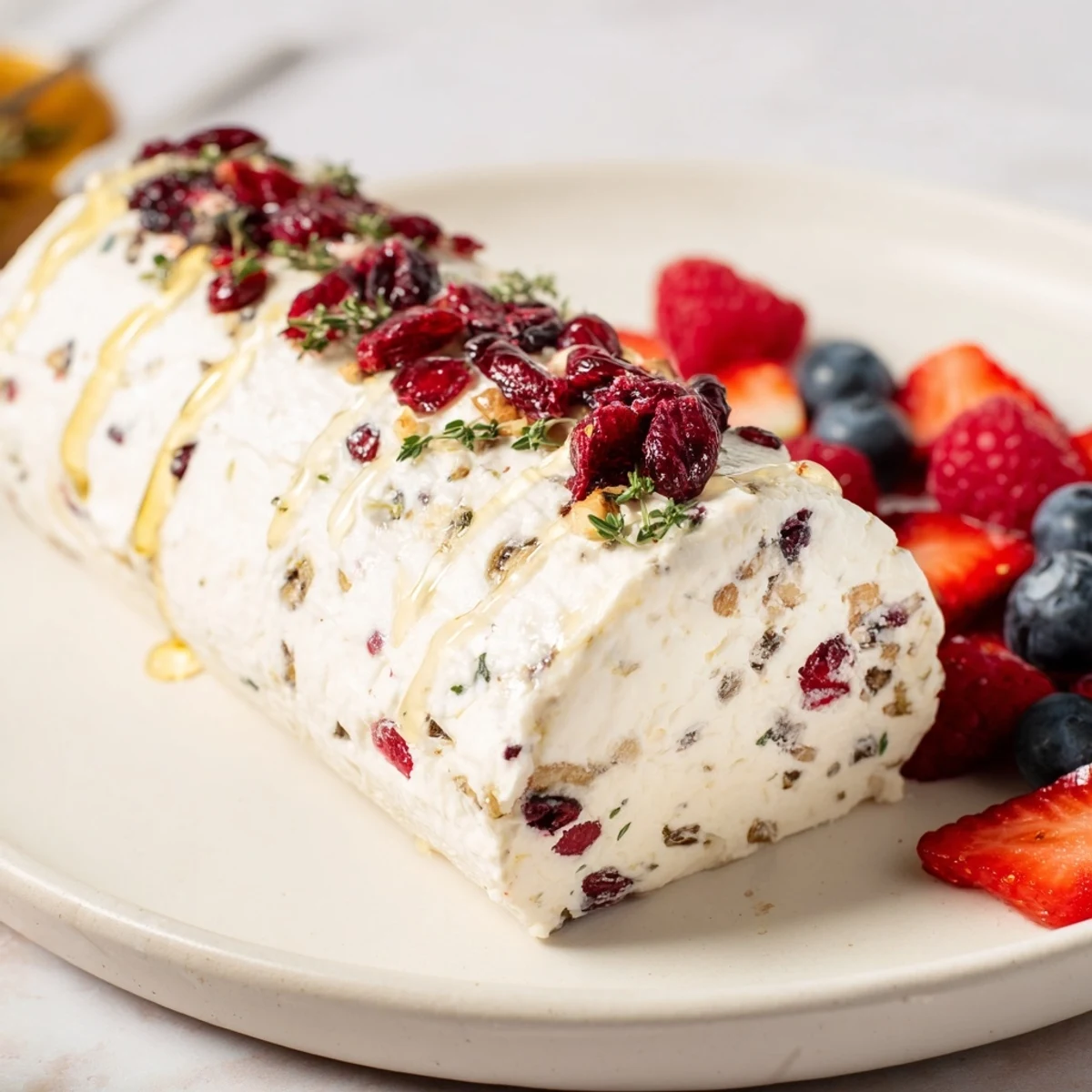 A vibrant photo shows a creamy Cranberry & Goat Cheese Log with fresh berries, perfect for a party.