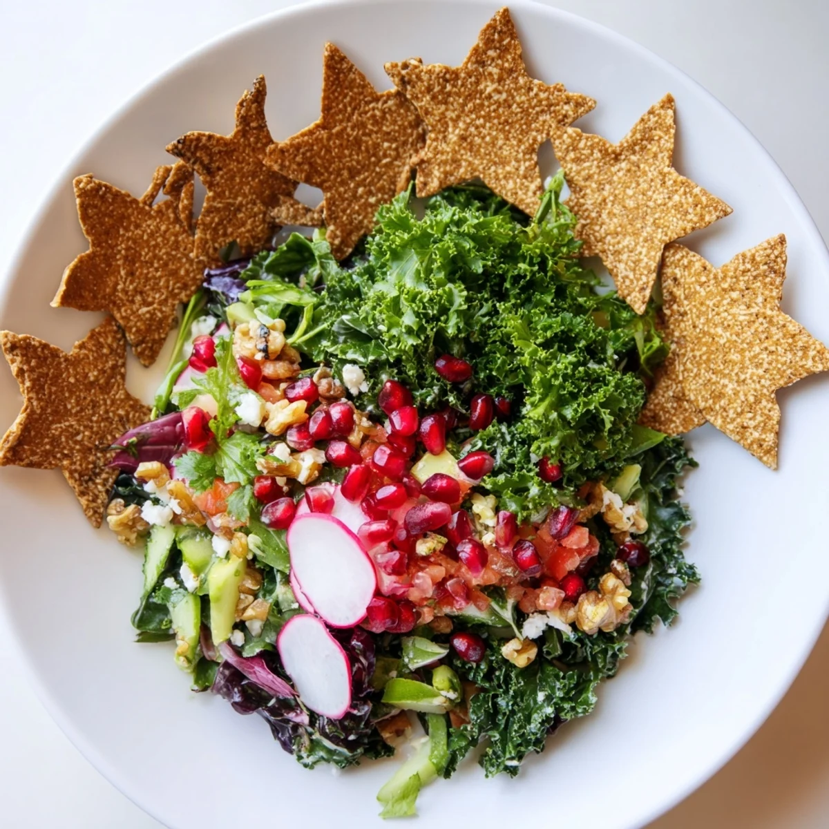 Vibrant winter salad with a side of snowflake tortilla chips and fresh, homemade salsa for serving.