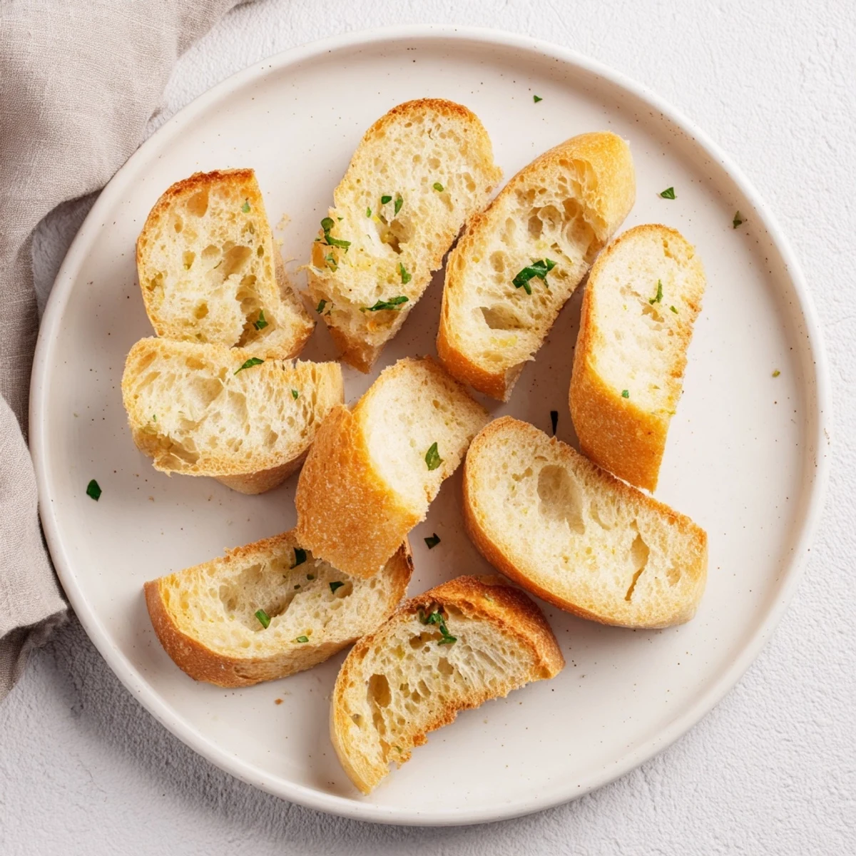 Crispy baguette slices arranged in a circle, ready to be enjoyed as a flavorful appetizer.