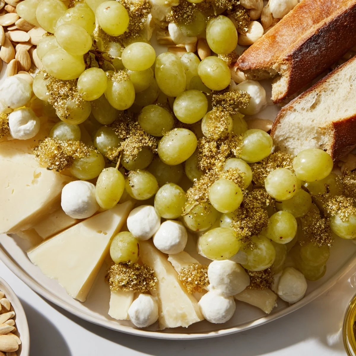 Sparkling Champagne Toast appetizer boasts glistening sugared grapes, Brie, and gold dust, ready for celebration.