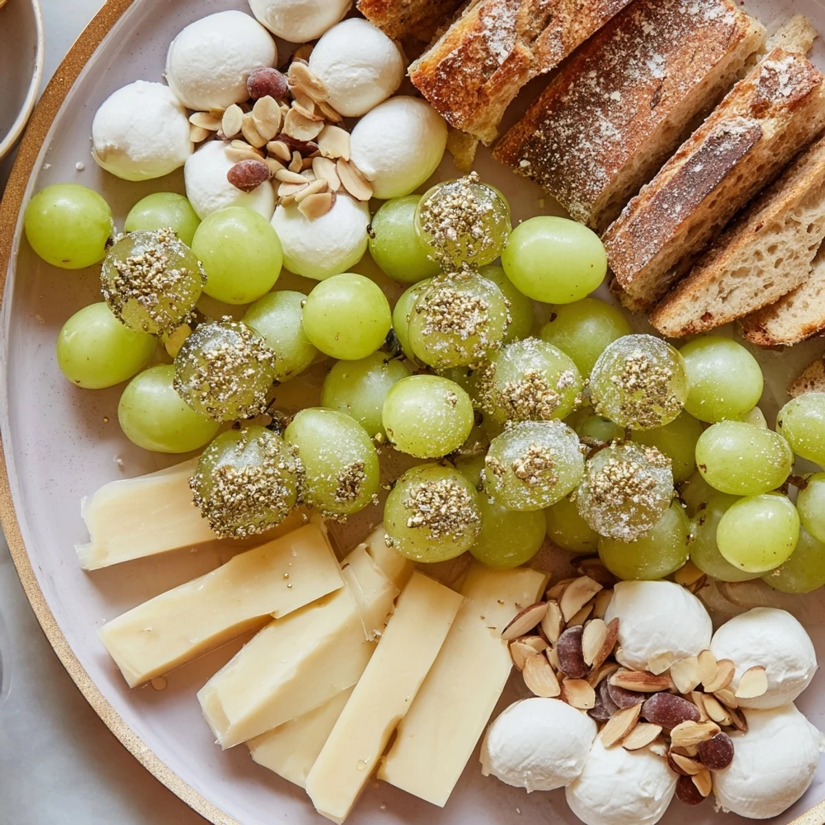 A close-up shot of a Sparkling Champagne Toast platter displays various cheeses and prosecco-soaked grapes.