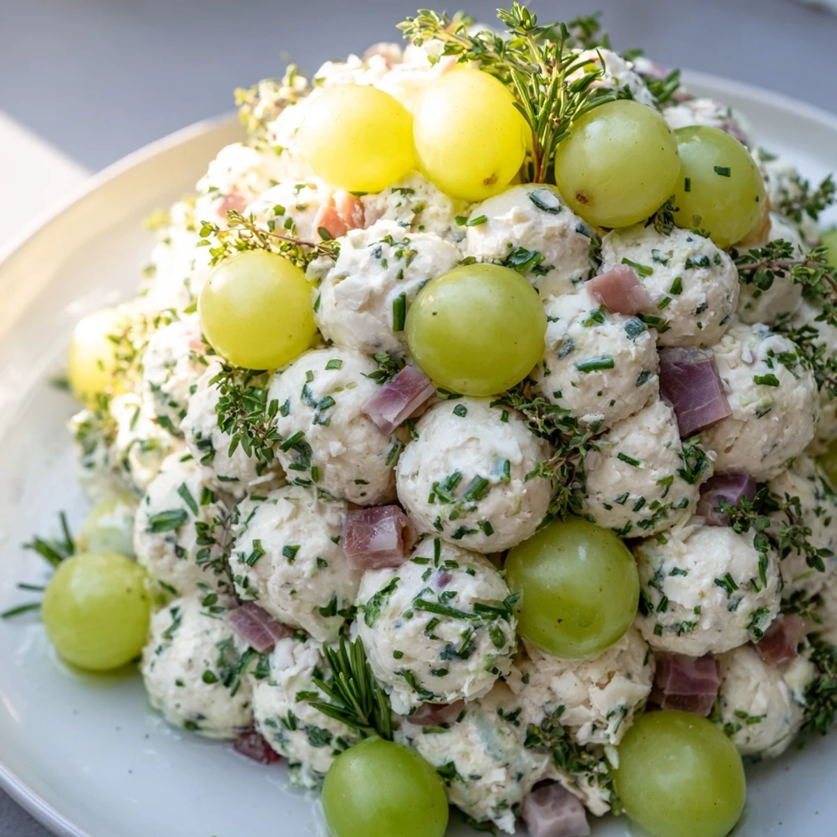 Mistletoe Kissing Ball appetizer with creamy cheese spheres, grapes, and prosciutto weaves enticingly together.