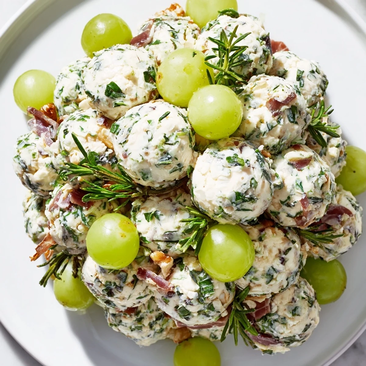 Festive Mistletoe Kissing Ball features a beautiful arrangement of cheese balls, grapes, and fresh herbs.