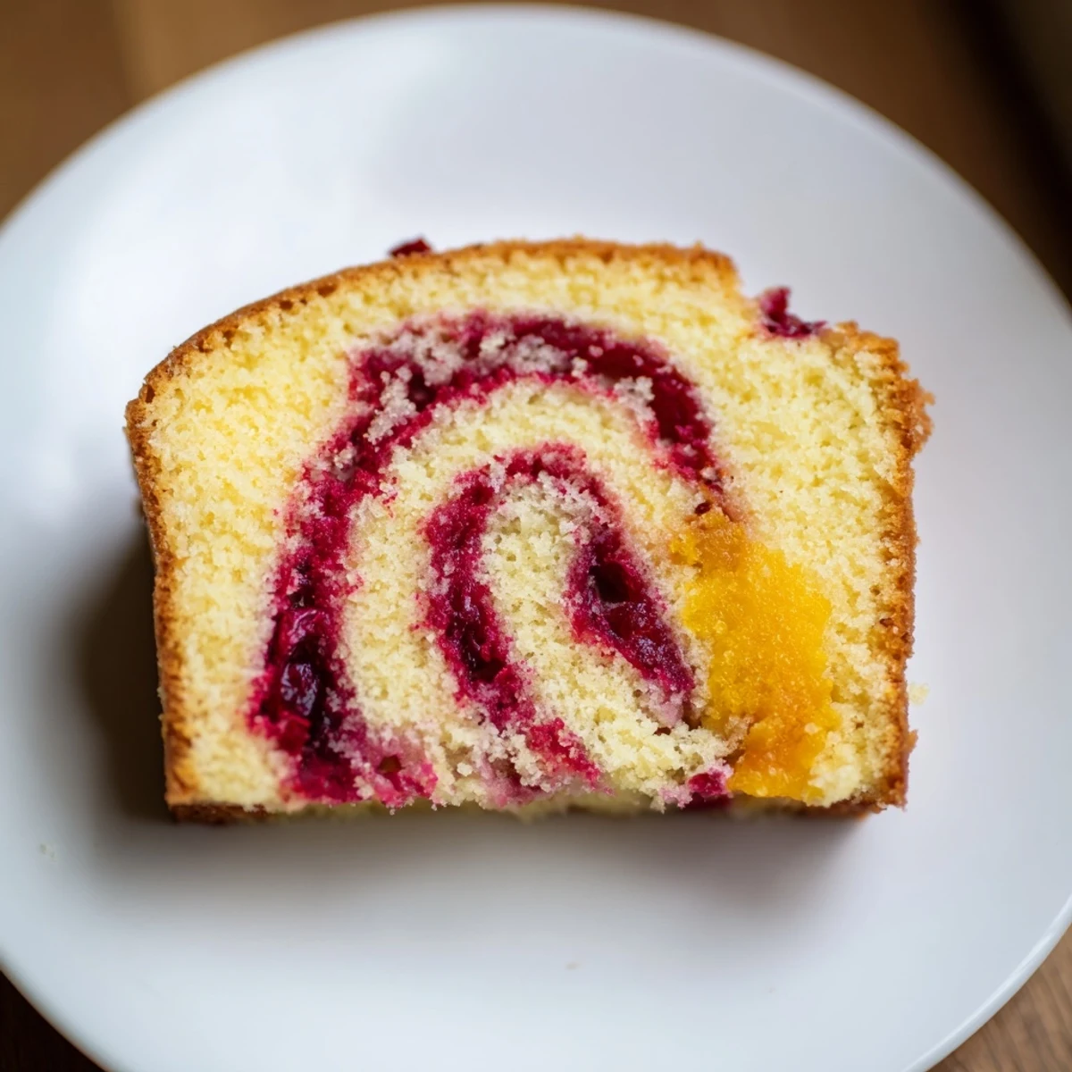 A slice of Cranberry Orange Swirl cake reveals a beautiful red and orange pattern.