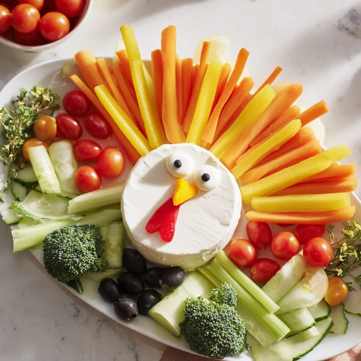 Vibrant, colorful Turkey Shaped Appetizer Tray featuring fresh vegetable "feathers," perfect for your holiday spread.