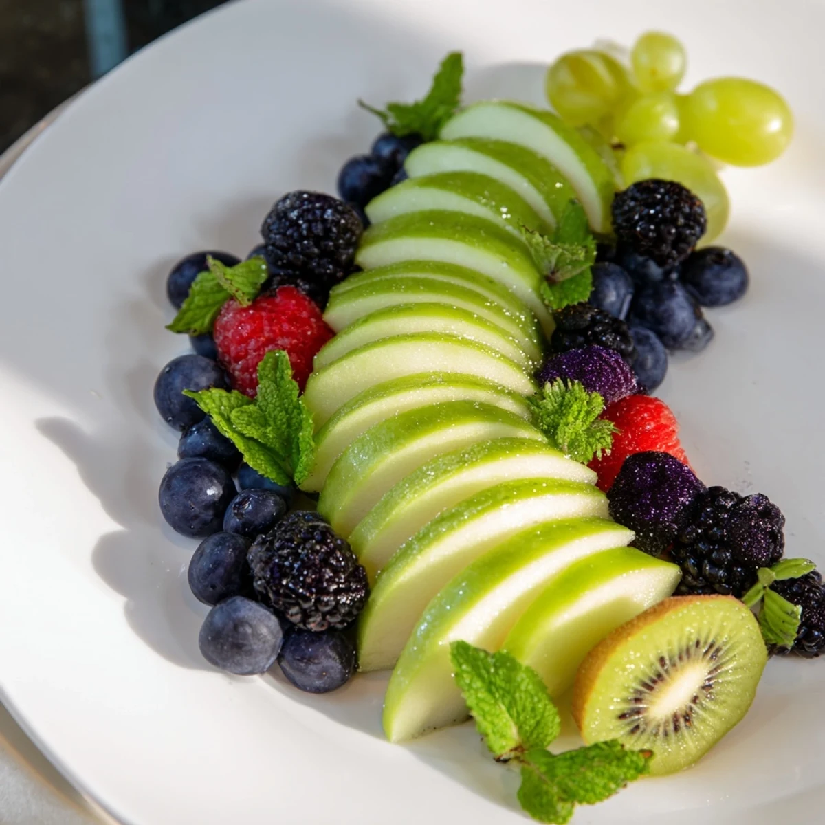 Vibrant "Aurora Borealis Sweep" fruit creation: imagine a stunning edible wave of green and purple fruits.