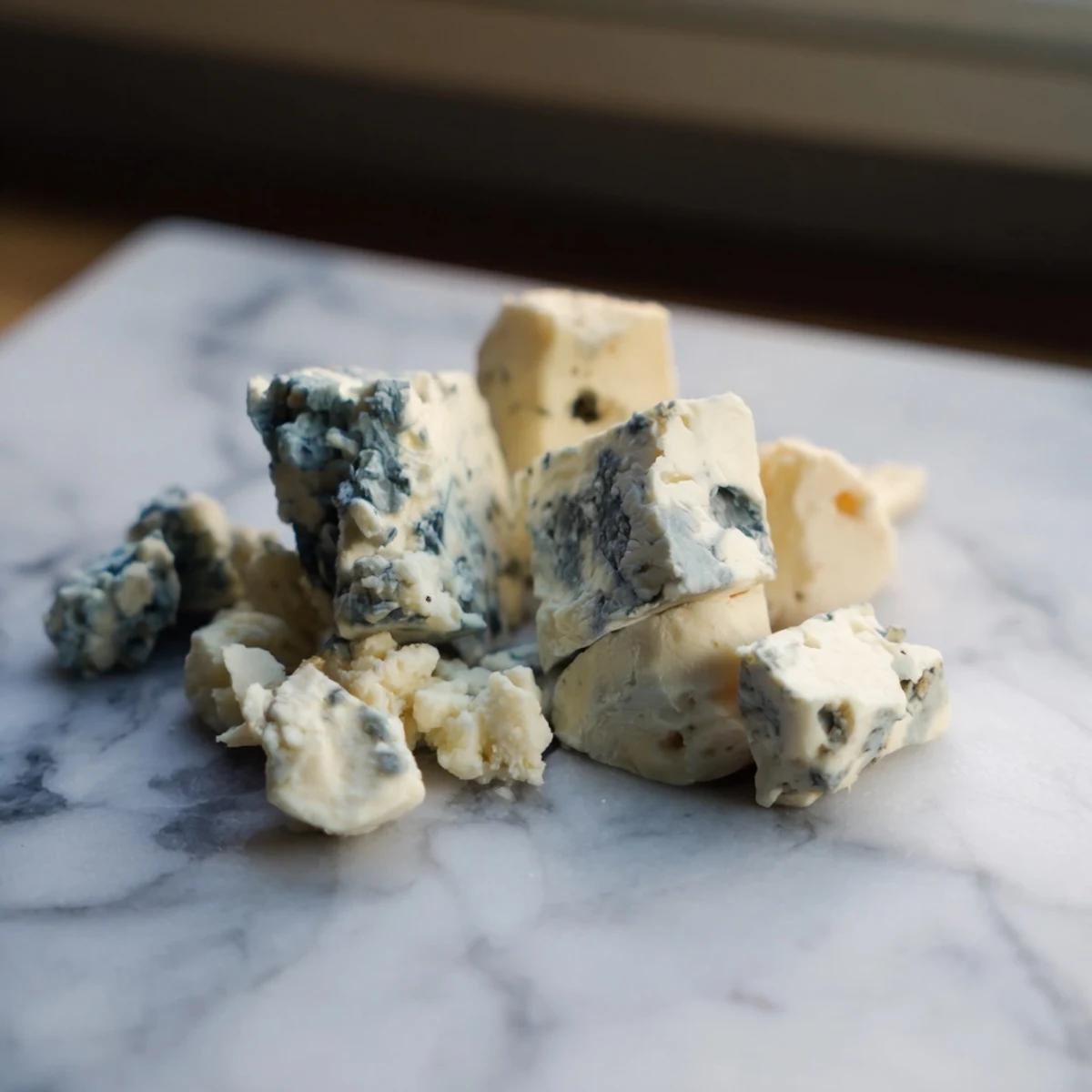 Beautiful Marble Quarry cheese display, featuring creamy blue cheese and sharp cheddar, ready to eat.