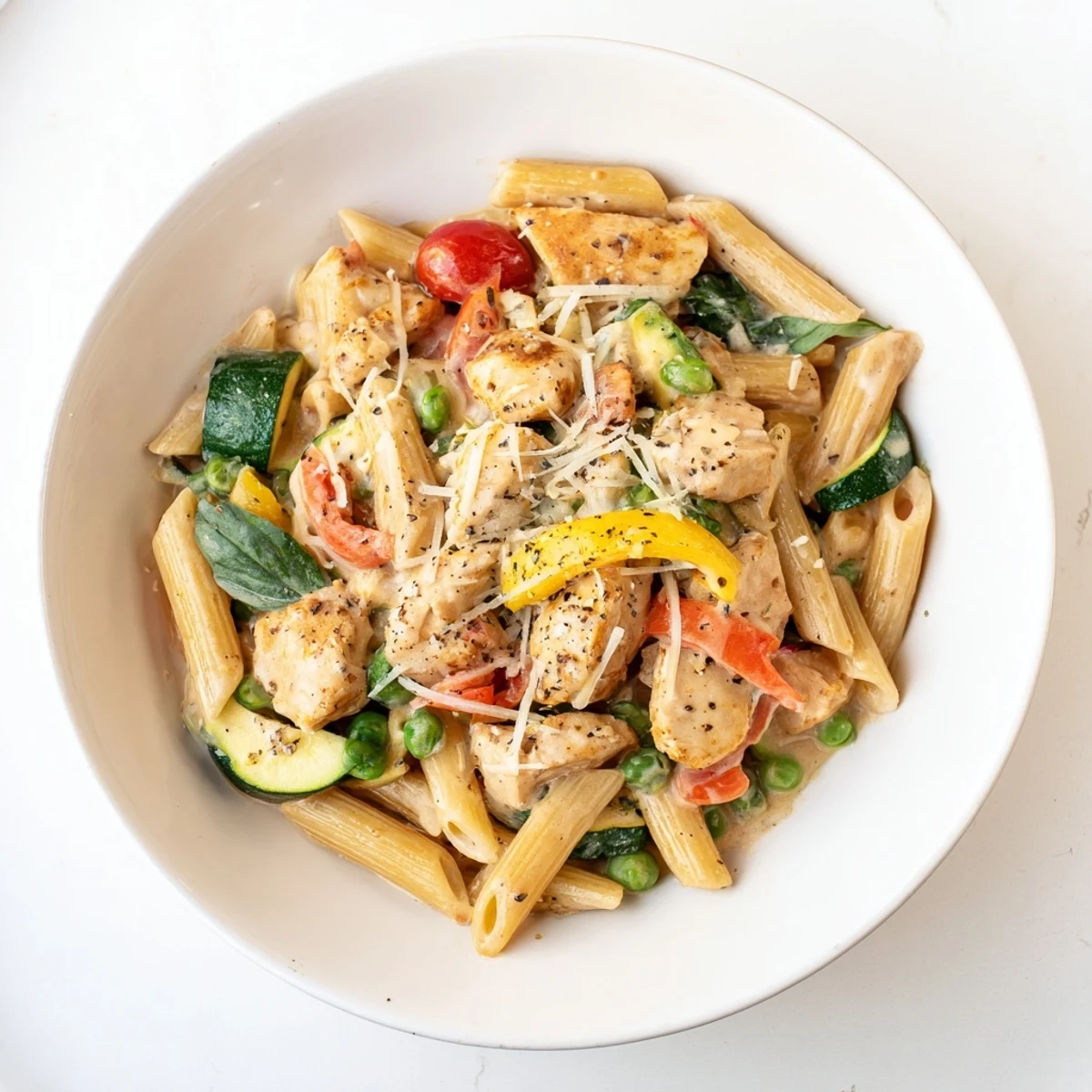Delectable Last Bite Chicken Pasta, featuring tender chicken and vibrant vegetables, ready to serve!
