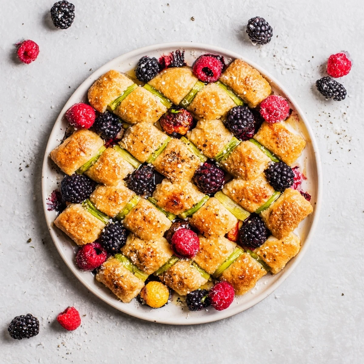 Close-up of the elegant Botanical Lattice, a woven asparagus appetizer bursting with colorful, fresh fruit.