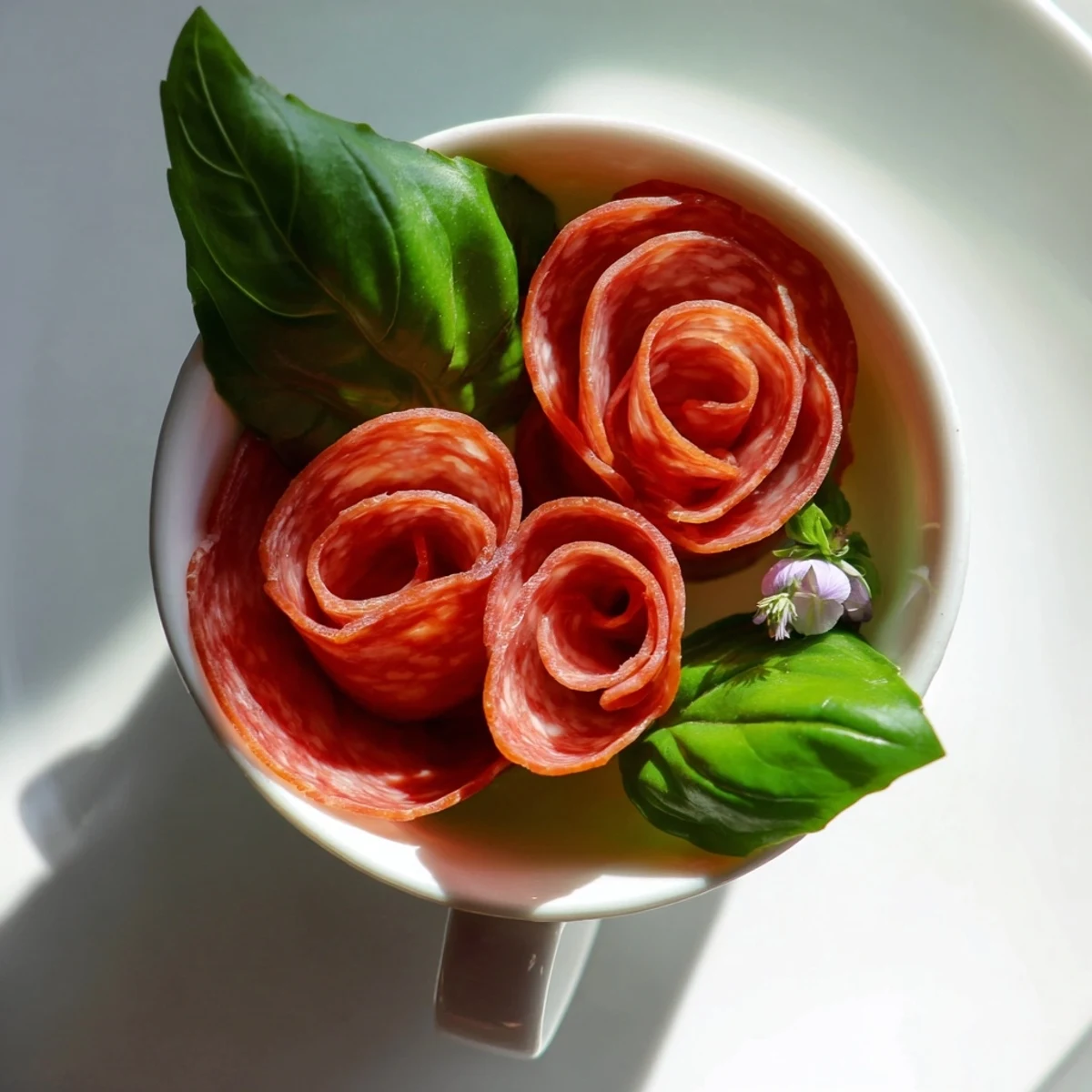 Elegant salami and pepperoni roses, a lovely The Victorian Tea Rose appetizer to impress guests, ready to serve!