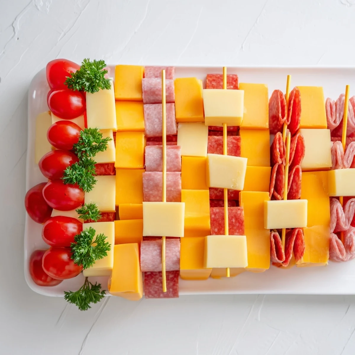 Imagine a vibrant Checkerboard Chalet appetizer: a checkerboard base topped by a miniature chalet creation.