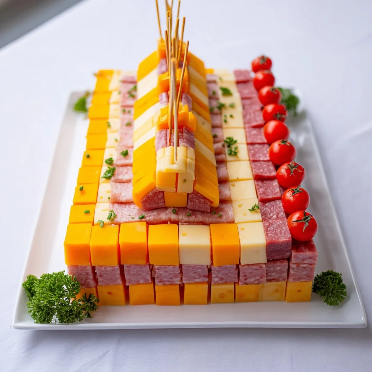 Examine this delightful Checkerboard Chalet: a party-ready appetizer of layered meats and cheeses with vibrant garnishes.