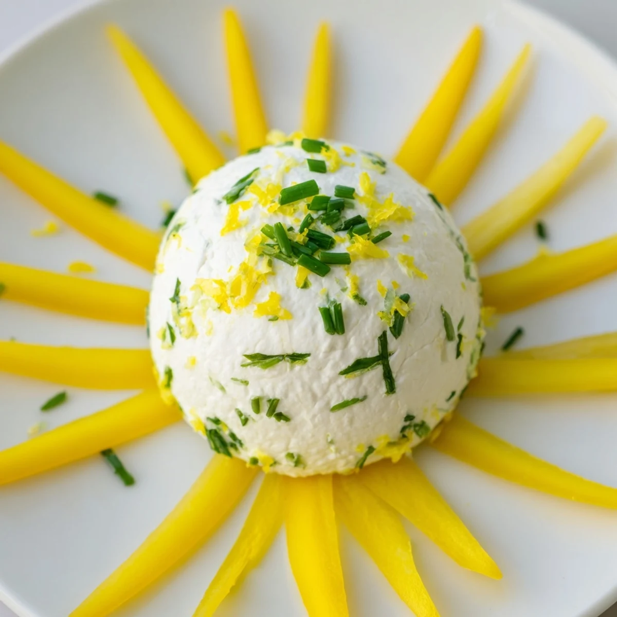 Vibrant Tuscan sunburst appetizer: bright yellow bell peppers circle creamy lemon cheese, ready to be enjoyed.