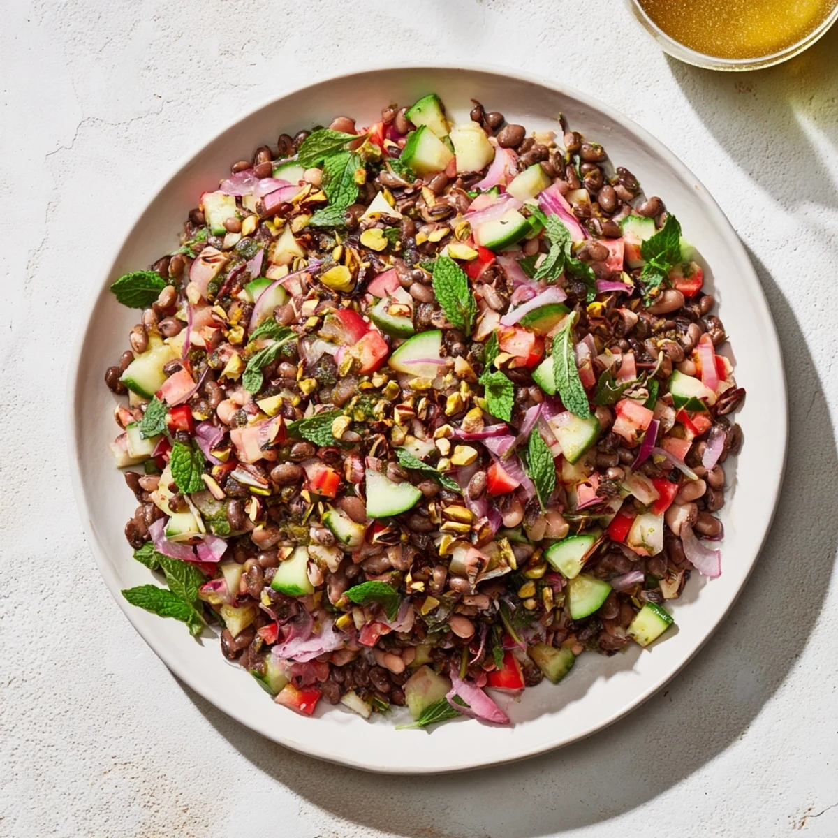 Vibrant Dense Bean Salad with Dubai Chocolate Notes topped with roasted pistachios, ready to serve.