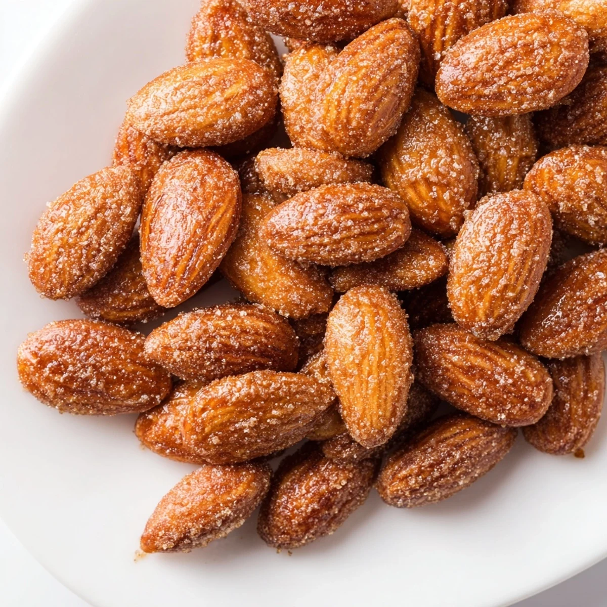 Golden, glistening cinnamon roasted almonds piled on parchment, ready to eat and share.