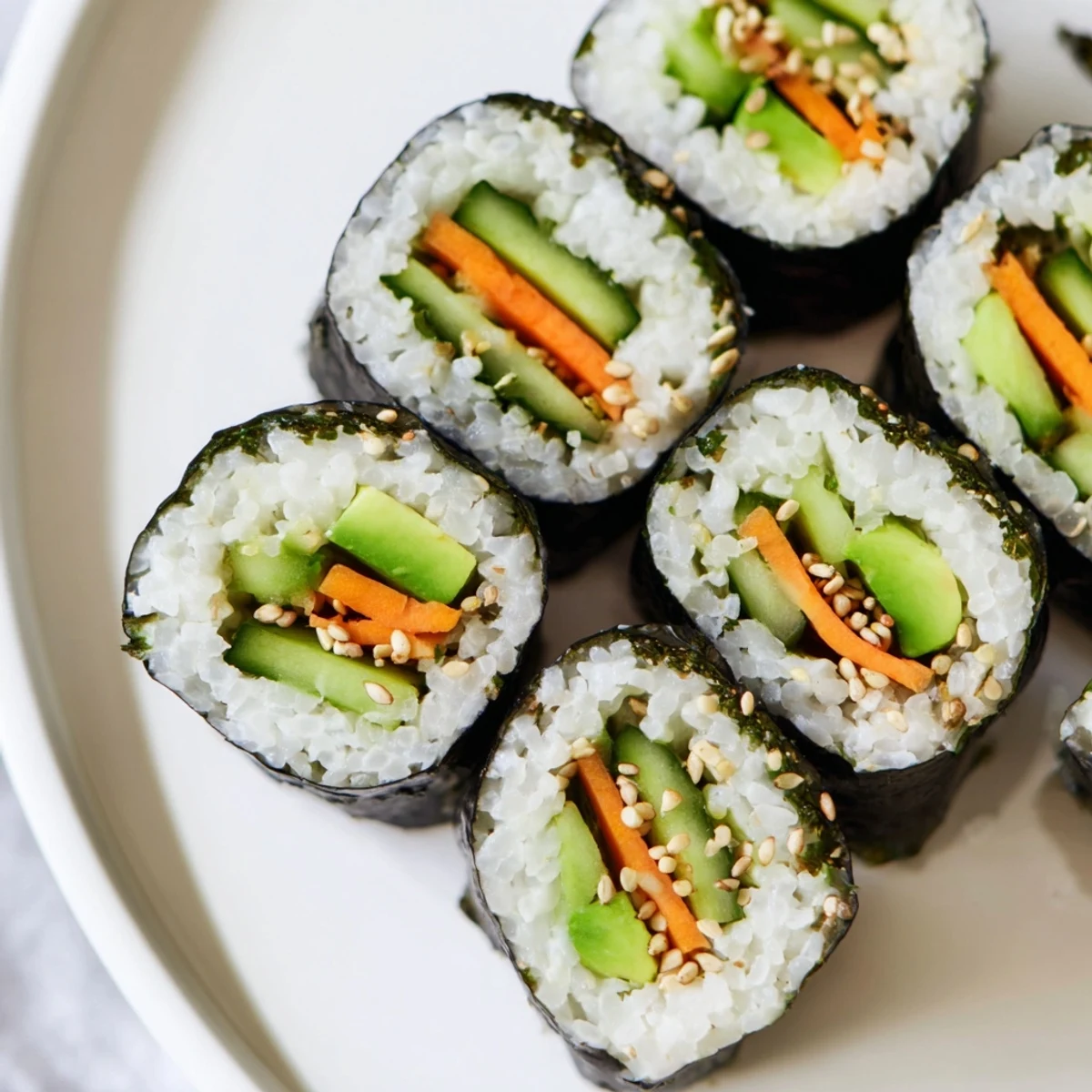 Perfectly rolled Avocado Cucumber Sushi, a delicious platter ready to be served with soy sauce and pickled ginger.