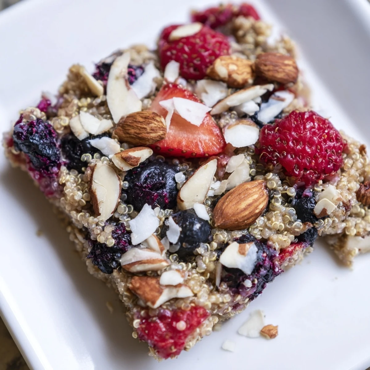 Golden Berry Quinoa Breakfast Bake with a delightful crunch of nuts and vibrant berries.