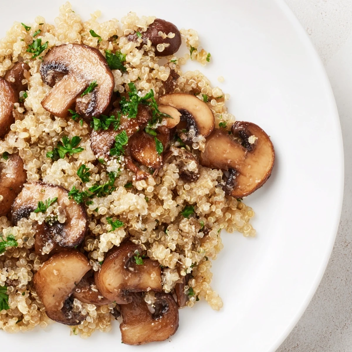 Steaming bowl of Mushroom Quinoa Risotto, creamy and rich, garnished with fresh parsley and Parmesan.