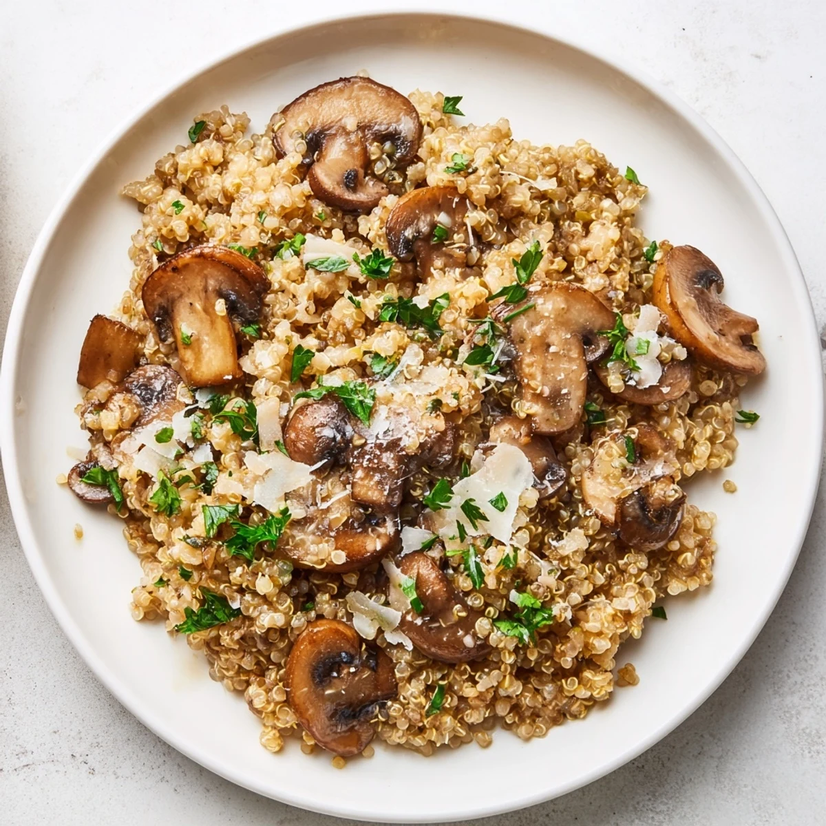 Close-up of golden Mushroom Quinoa Risotto; the quinoa is perfectly cooked in a flavorful broth.