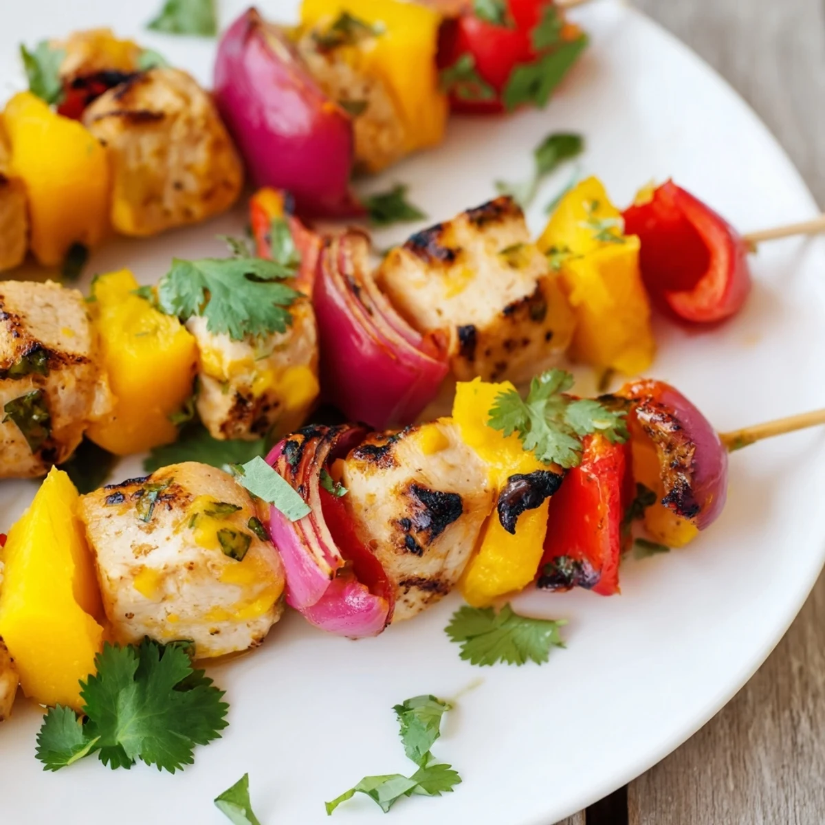 Vibrant Mango Lime Chicken Skewers, charred from the grill, bursting with fresh, tropical flavors and juicy chicken.