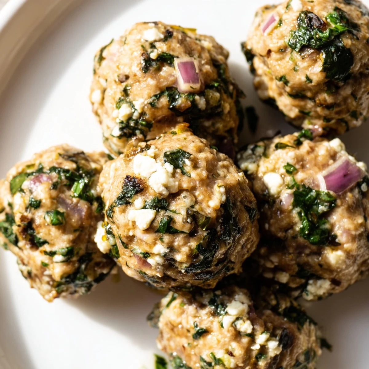 Close-up of juicy spinach feta turkey meatballs, ready to serve with a vibrant green herb garnish.