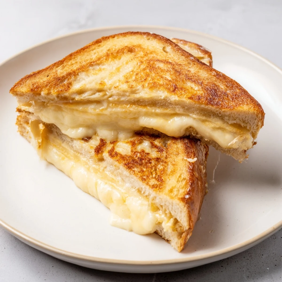 Golden, gooey Custard French Toast Grilled Cheese oozes melted Gruyère cheese, ready to be devoured.
