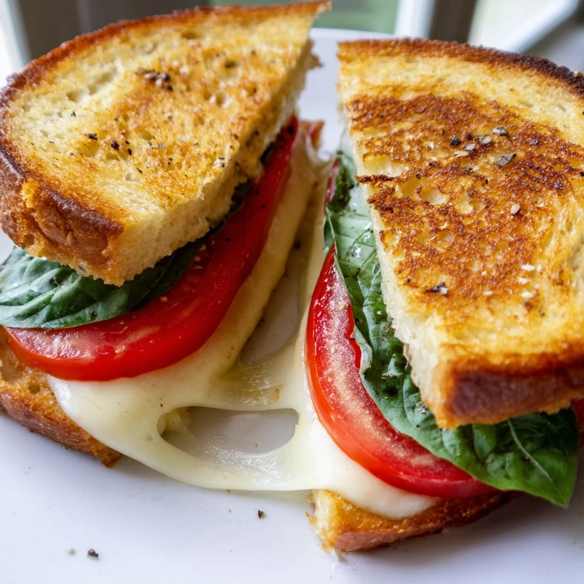 Gooey mozzarella melts around fresh tomato and basil in this Tomato Basil Grilled Cheese.