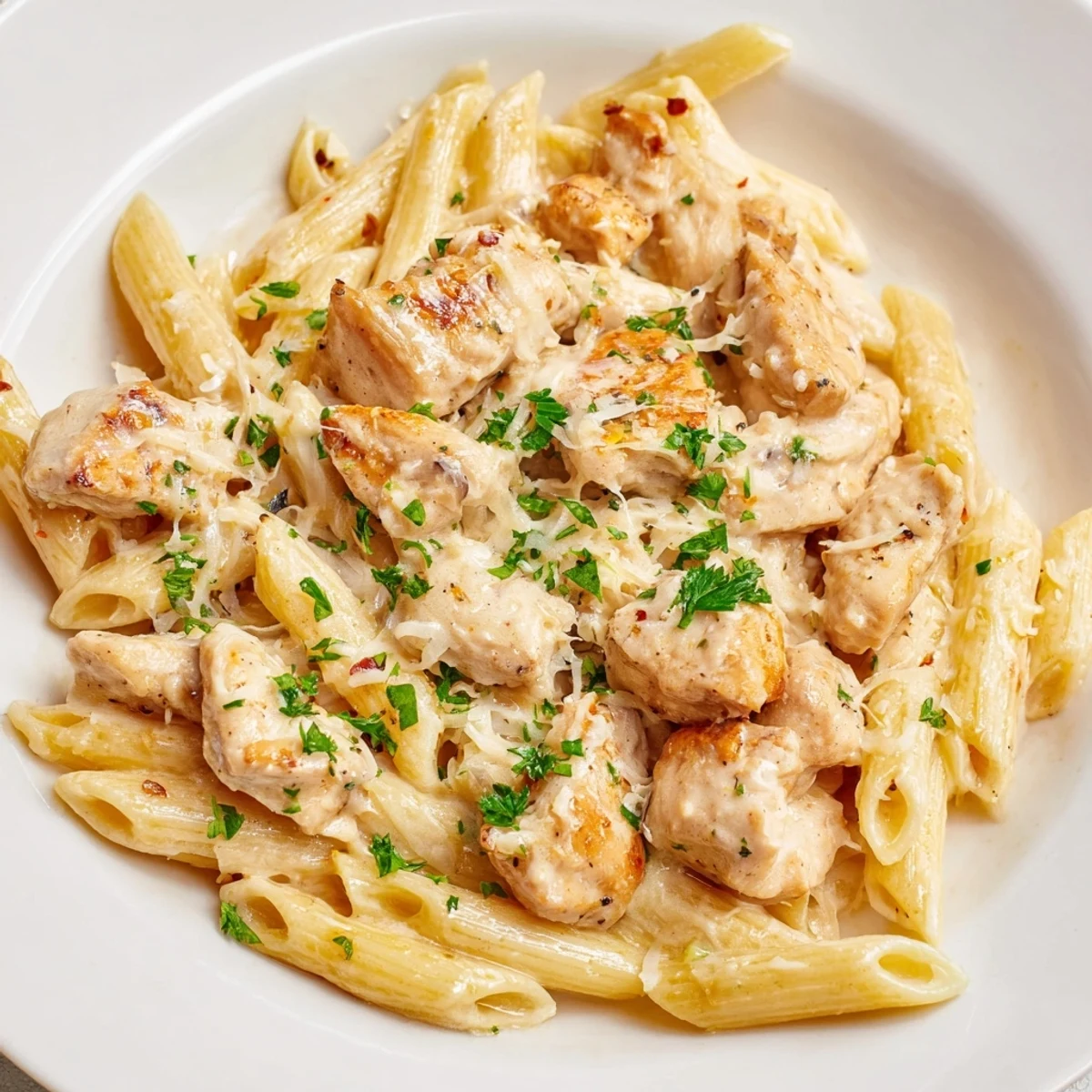 Golden brown, bite-sized chicken pieces in the Quick Garlic Parmesan Chicken Pasta, a creamy, savory delight.