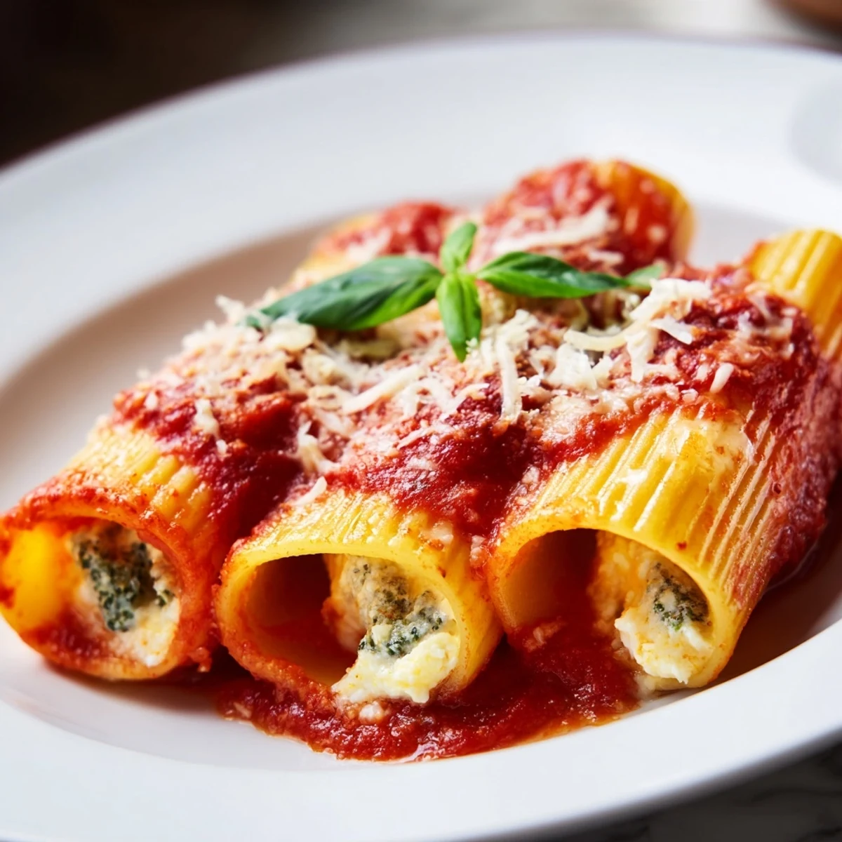 Baked, golden Honeycomb Pasta Bake, with rigatoni standing tall under melted mozzarella cheese and marinara.