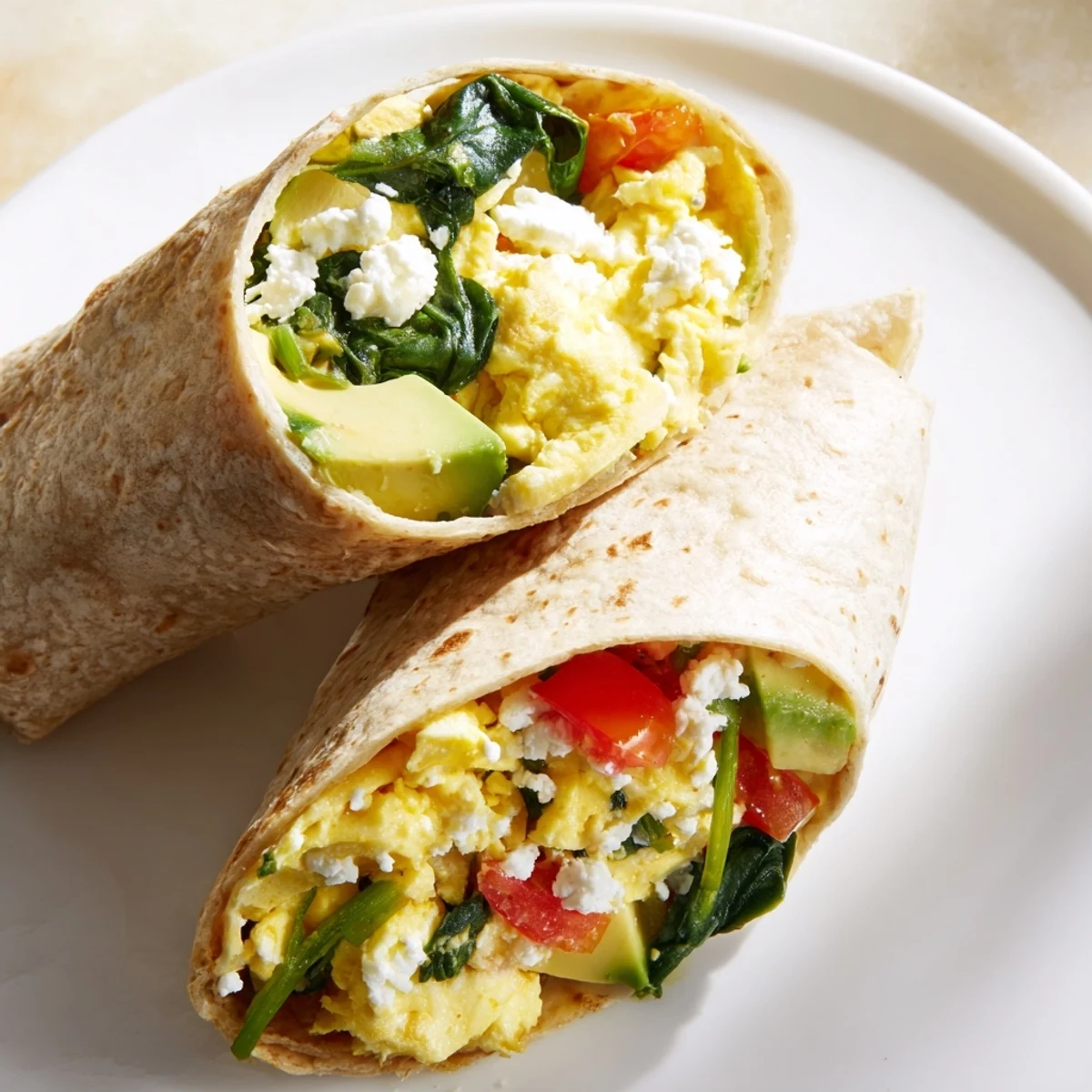 Golden, fluffy feta egg wrap filled with vibrant spinach and tomatoes, ready to be enjoyed.