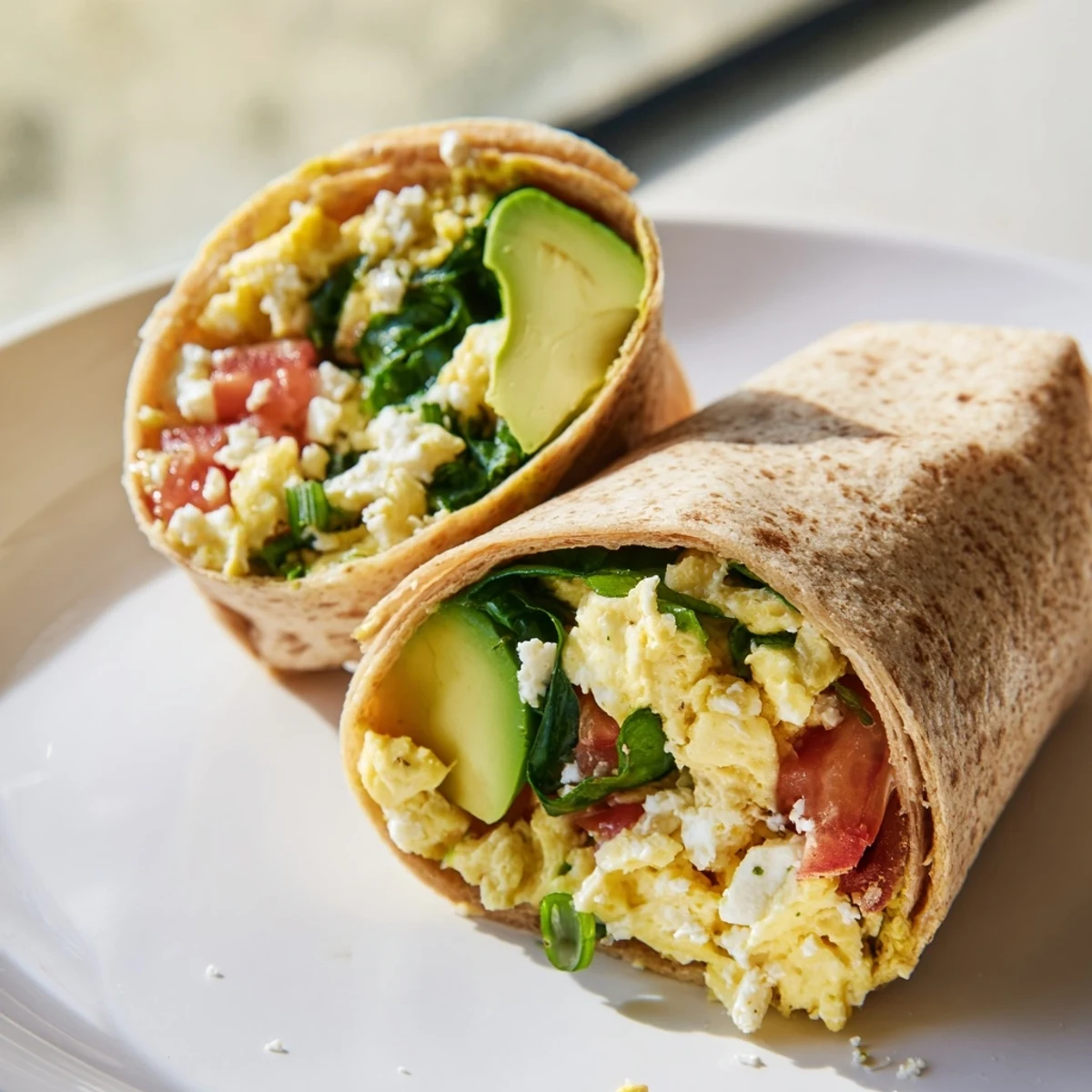 View a close-up of a perfectly rolled feta egg wrap, showcasing its savory, healthy ingredients.