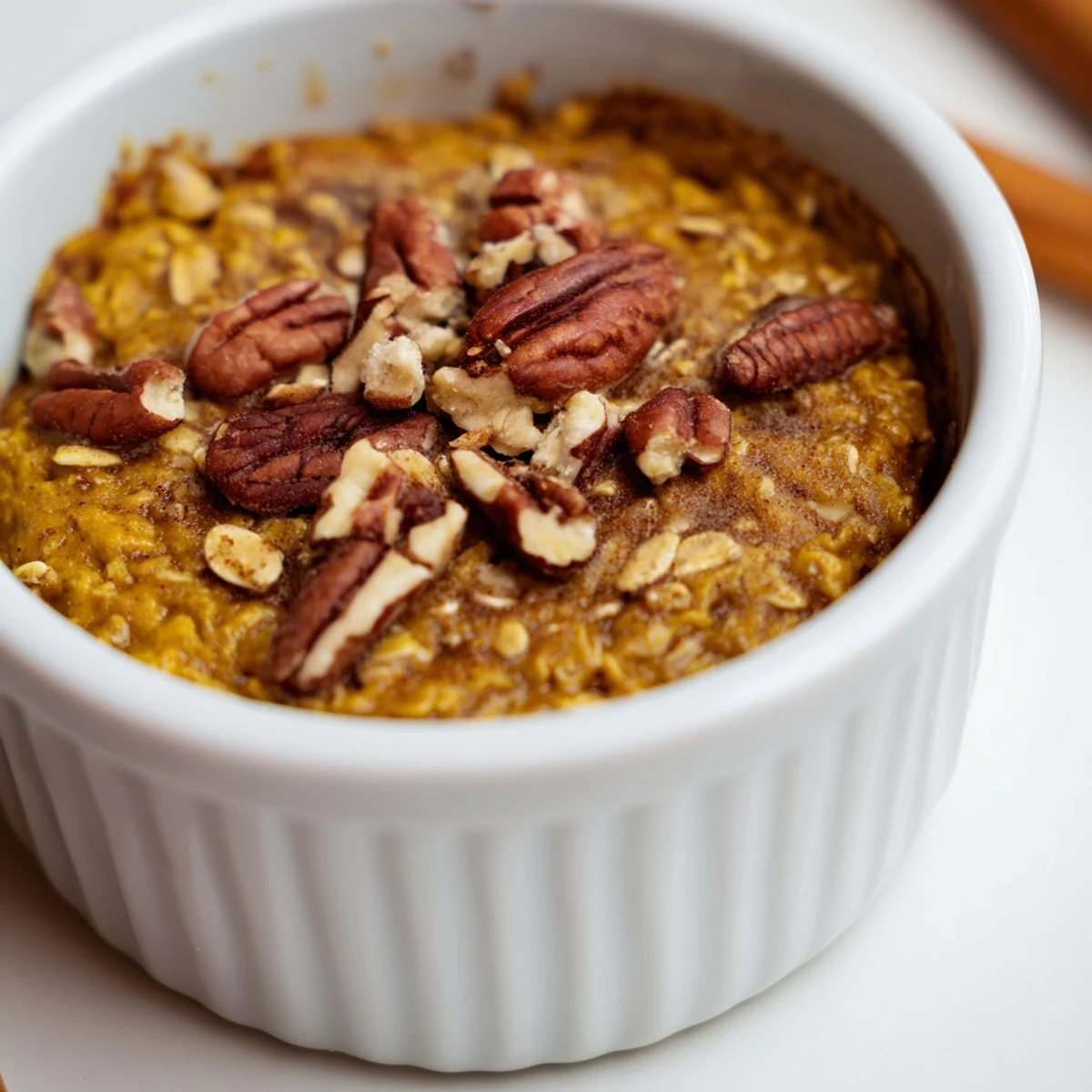 Golden-brown Pumpkin Spice Baked Oats, served warm with a drizzle of maple syrup for a perfect breakfast.