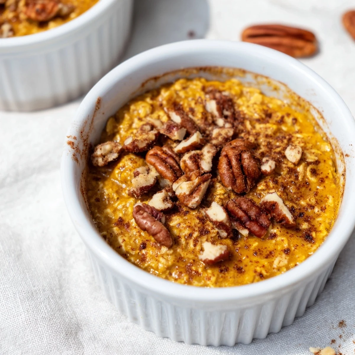A close-up of fluffy Pumpkin Spice Baked Oats, showcasing the comforting aroma of fall spices.