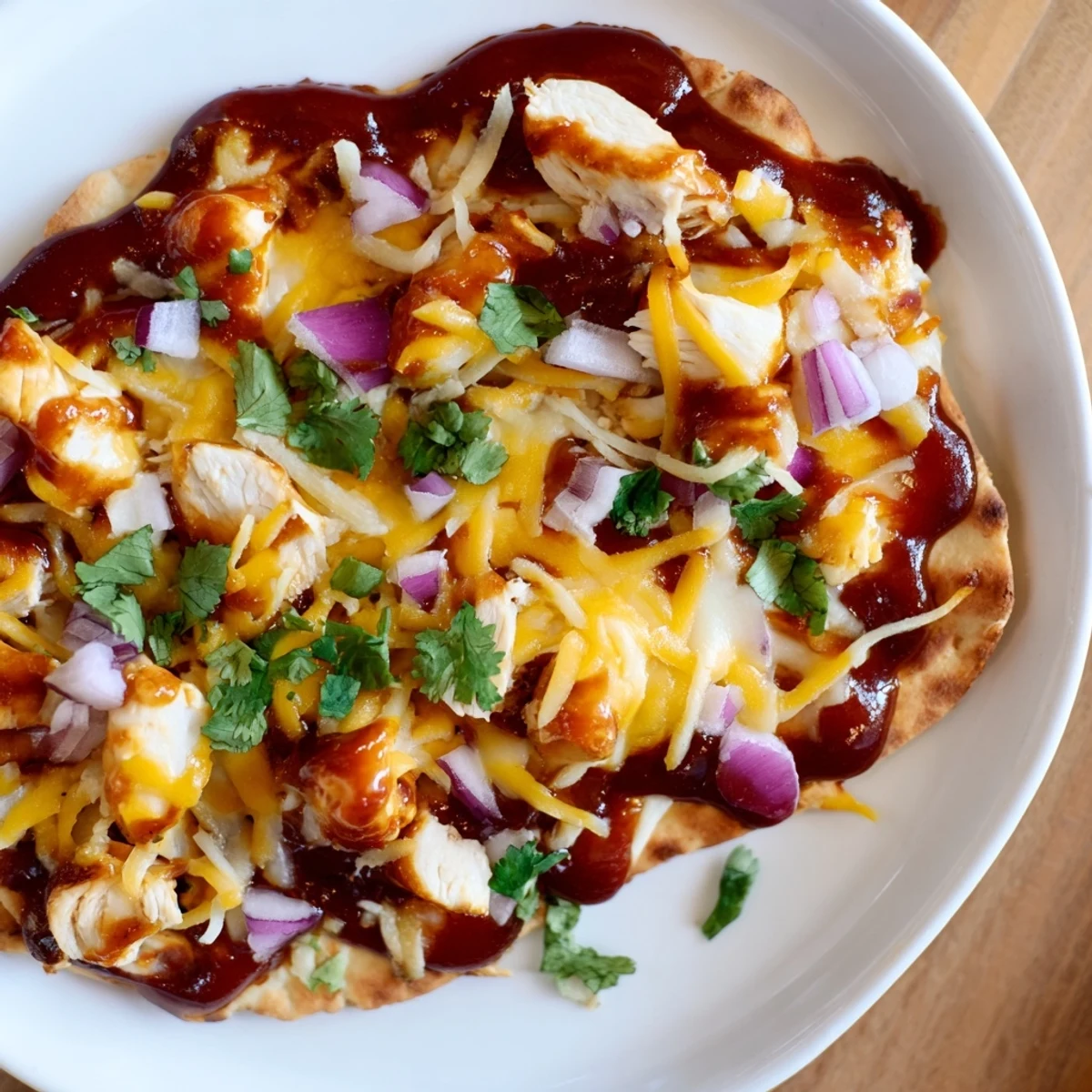 BBQ chicken flatbread, a delicious flatbread with melted cheese, chicken, and a drizzle of sauce.