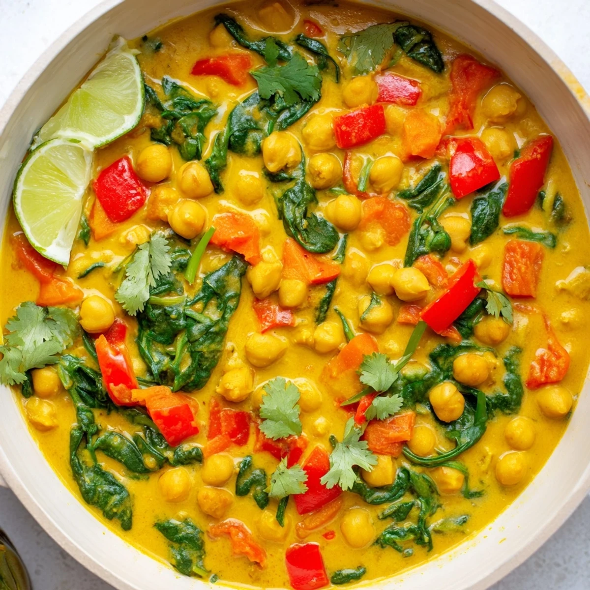 A close-up of a bubbling One-Pot Chickpea Curry, garnished and ready to be served over rice.
