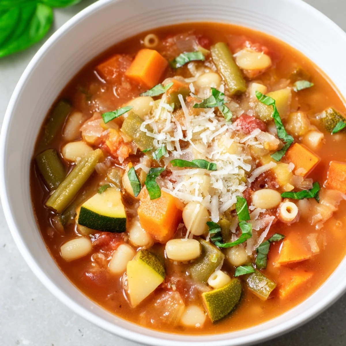 Fresh basil garnish atop a delicious, homemade tomato basil minestrone, ready to eat now.