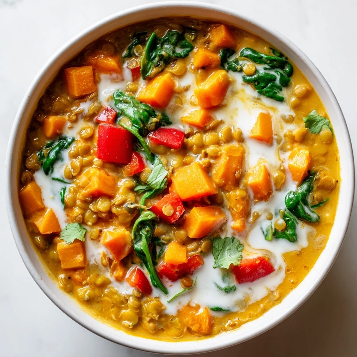 Steaming bowl of Lentil Red Curry Soup, garnished with cilantro and served with a lime wedge.